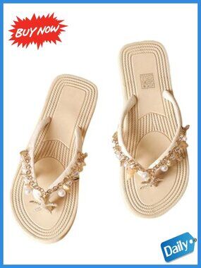 Women's EVA Flip Flops Pearl Beaded Rhinestone Flat Beach Sandals
